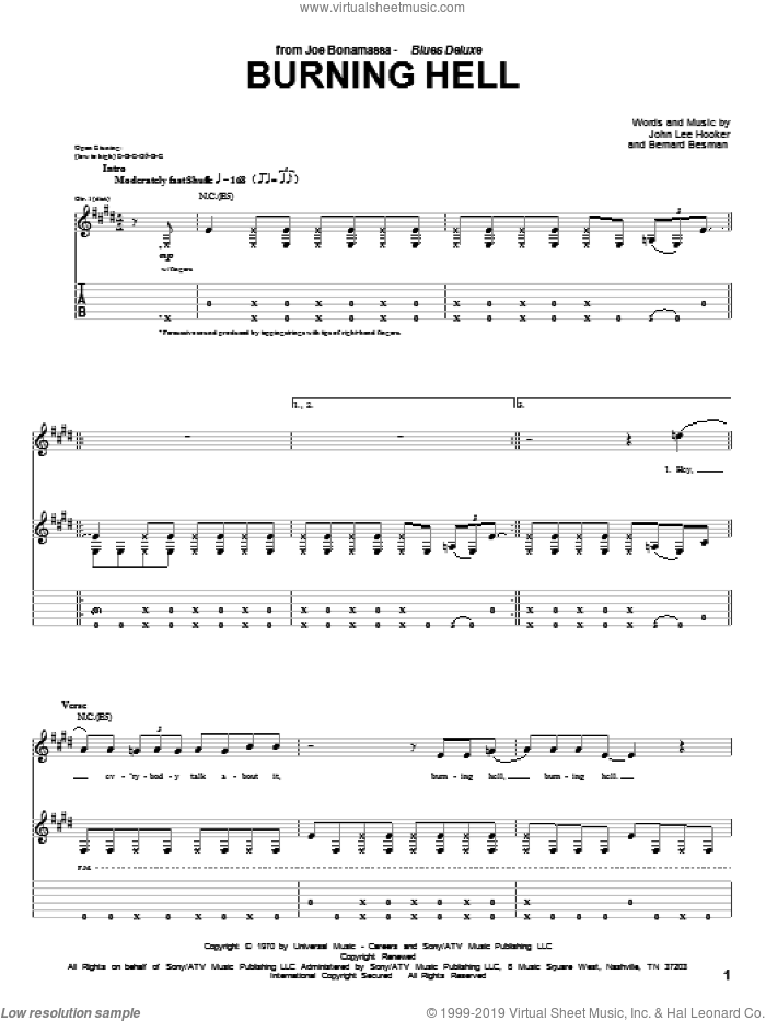 Burning Hell sheet music for guitar (tablature) by Joe Bonamassa, Bernard Besman and John Lee Hooker, intermediate skill level