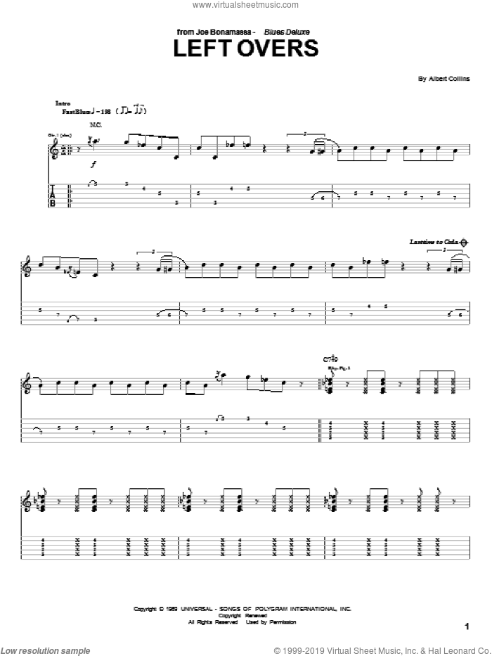 Left Overs sheet music for guitar (tablature) by Joe Bonamassa and Albert Collins, intermediate skill level