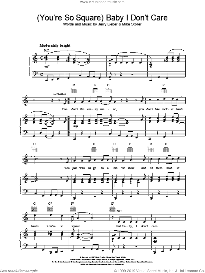 Baby I Don't Care sheet music for voice, piano or guitar by Elvis Presley, intermediate skill level