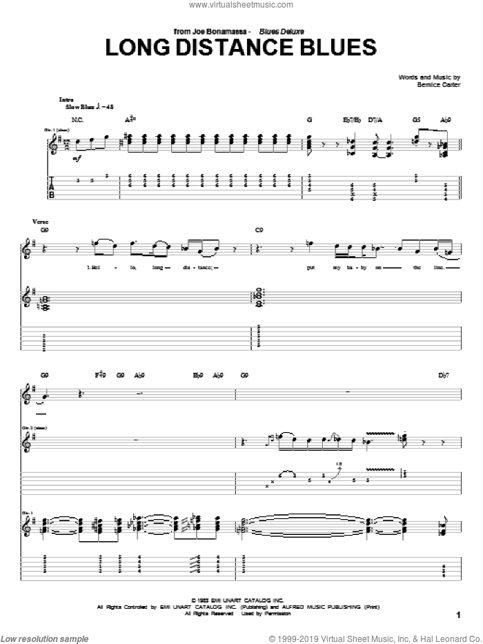 Long Distance Blues sheet music for guitar (tablature) by Joe Bonamassa and Bernice Carter, intermediate skill level