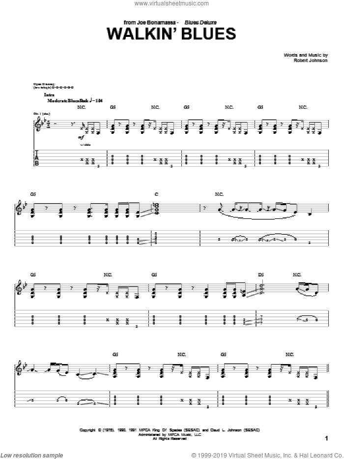 Walkin' Blues sheet music for guitar (tablature) by Joe Bonamassa and Robert Johnson, intermediate skill level