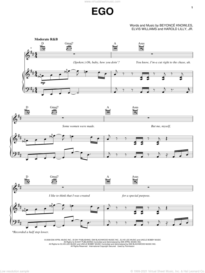 Ego sheet music for voice, piano or guitar by Beyonce, Elvis Williams and Harold Lilly, Jr., intermediate skill level