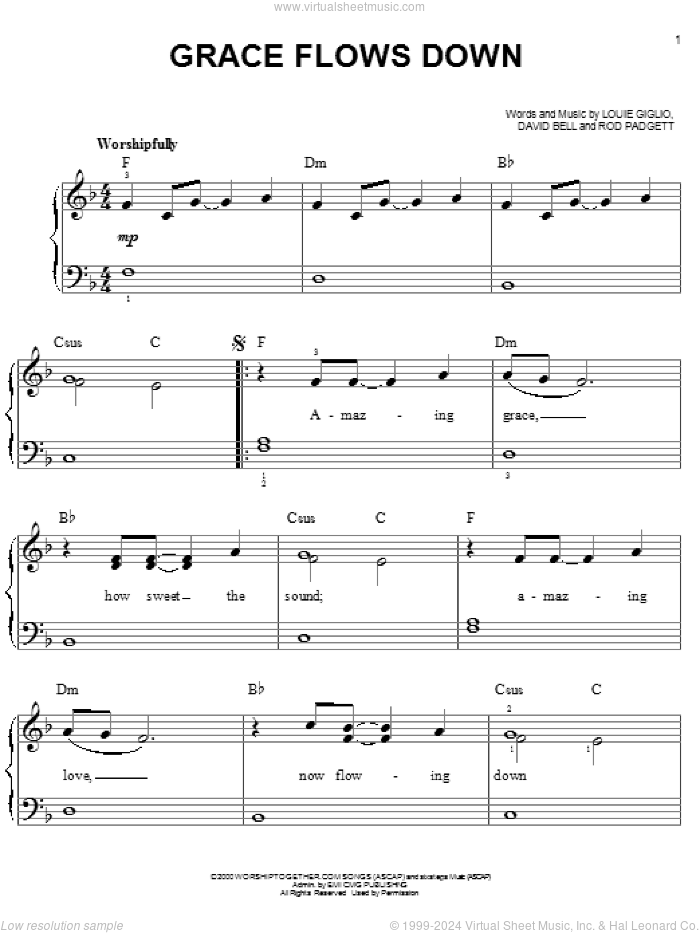 Grace Flows Down sheet music for piano solo by Passion Band, David Bell, Louie Giglio and Rod Padgett, easy skill level