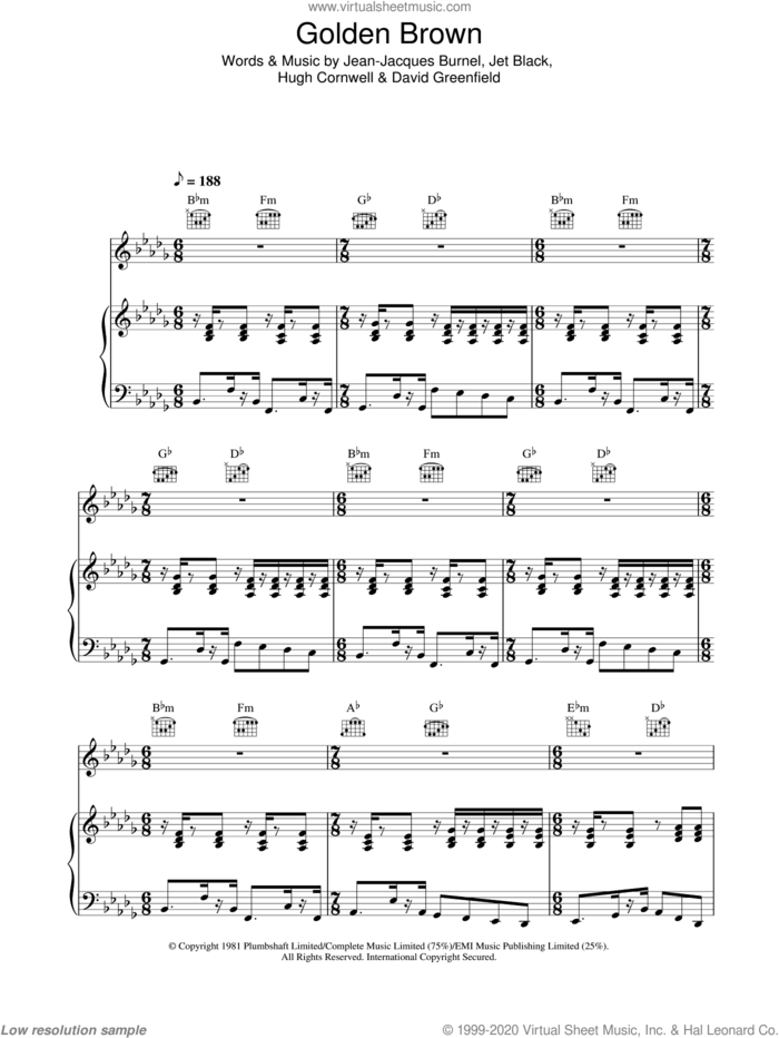 Golden Brown sheet music for voice, piano or guitar by The Stranglers, intermediate skill level