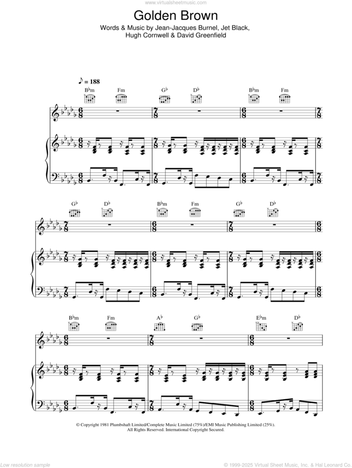 Golden Brown sheet music for voice, piano or guitar by The Stranglers, intermediate skill level