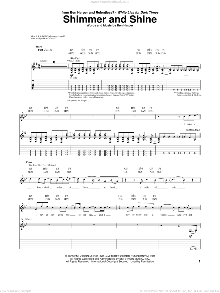 Shimmer And Shine sheet music for guitar (tablature) by Ben Harper and Relentless7 and Ben Harper, intermediate skill level