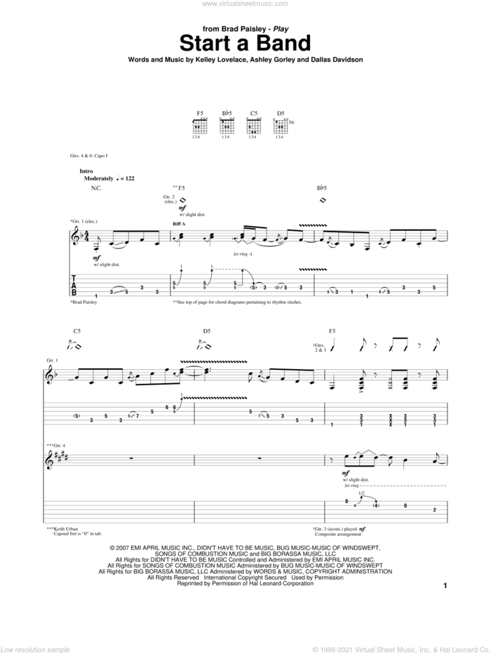 Start A Band sheet music for guitar (tablature) by Brad Paisley, Brad Paisley featuring Keith Urban, Keith Urban, Ashley Gorley, Dallas Davidson and Kelley Lovelace, intermediate skill level