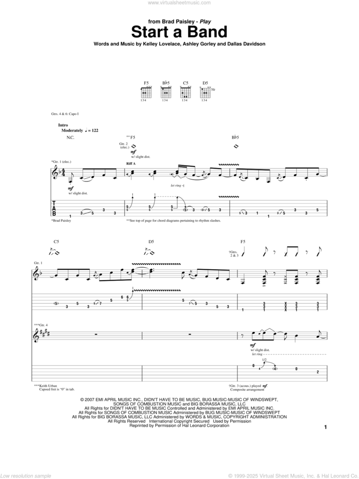 Start A Band sheet music for guitar (tablature) by Brad Paisley, Brad Paisley featuring Keith Urban, Keith Urban, Ashley Gorley, Dallas Davidson and Kelley Lovelace, intermediate skill level