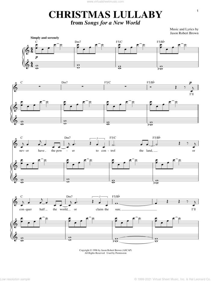 Christmas Lullaby (from Songs for a New World) sheet music for voice and piano by Jason Robert Brown and Songs For A New World (Musical), intermediate skill level