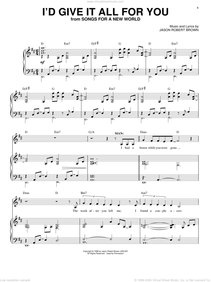 I'd Give It All For You (from Songs for a New World) sheet music for voice and piano by Jason Robert Brown and Songs For A New World (Musical), intermediate skill level