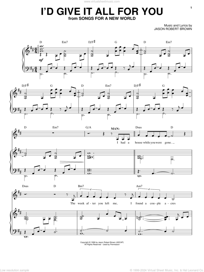 I'd Give It All For You (from Songs for a New World) sheet music for voice and piano by Jason Robert Brown and Songs For A New World (Musical), intermediate skill level