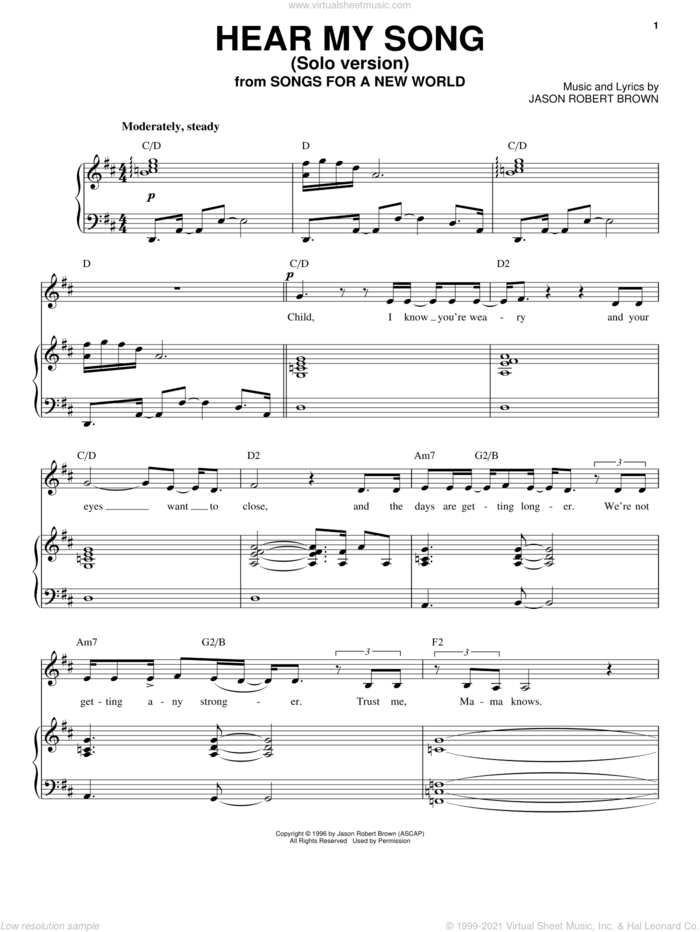 Hear My Song [Solo version] (from Songs for a New World) sheet music for voice and piano by Jason Robert Brown and Songs For A New World (Musical), intermediate skill level