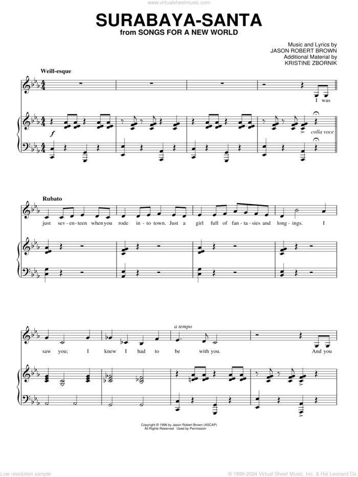 Surabaya-Santa (from Songs for a New World) sheet music for voice and piano by Jason Robert Brown, Songs For A New World (Musical) and Kristine Zbornik, intermediate skill level