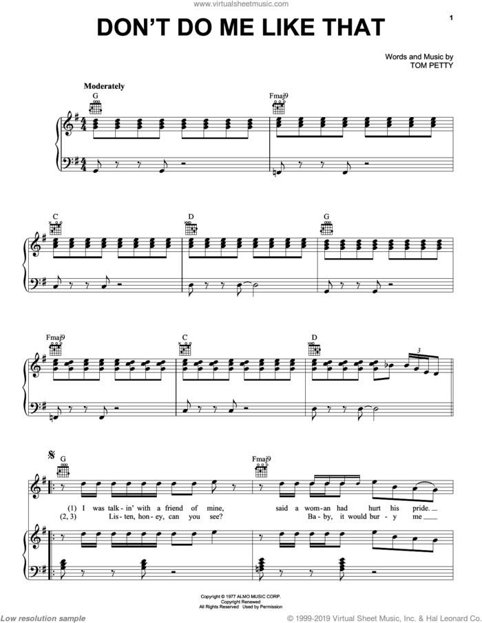 Don't Do Me Like That sheet music for voice, piano or guitar by Tom Petty And The Heartbreakers and Tom Petty, intermediate skill level