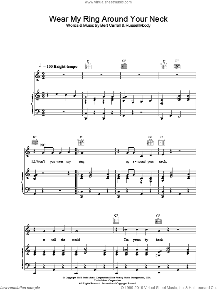 Wear My Ring Around Your Neck sheet music for voice, piano or guitar by Elvis Presley, intermediate skill level
