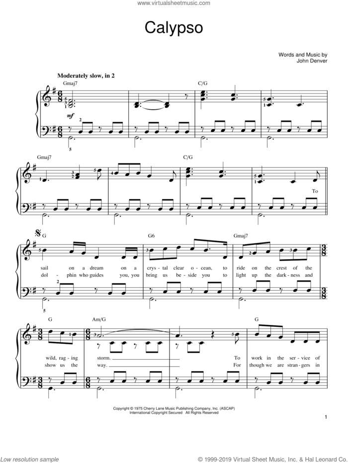 Calypso sheet music for piano solo by John Denver, easy skill level