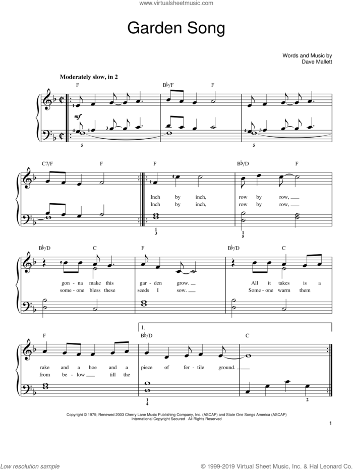 Garden Song sheet music for piano solo by John Denver and Dave Mallett, easy skill level