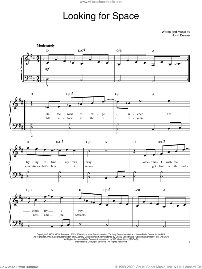 Looking For Space sheet music for piano solo by John Denver, easy skill level