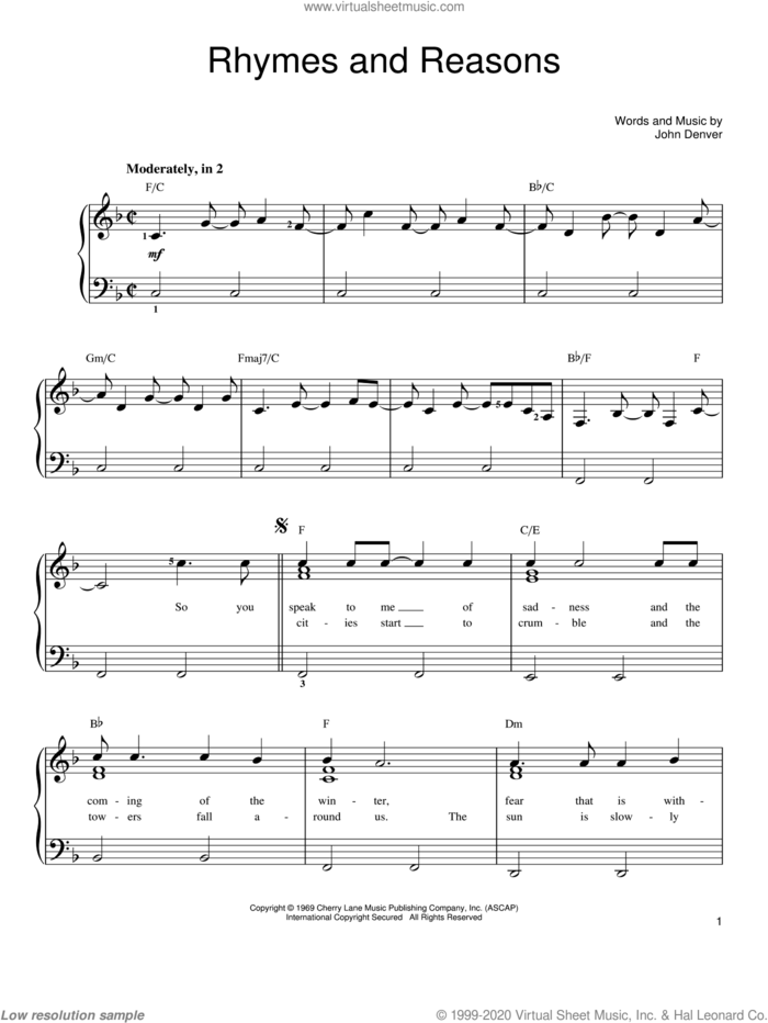 Rhymes And Reasons sheet music for piano solo by John Denver, easy skill level