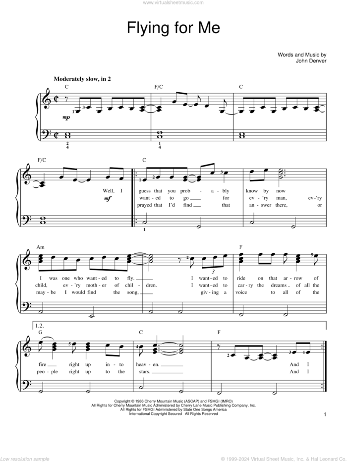 Flying For Me sheet music for piano solo by John Denver, easy skill level