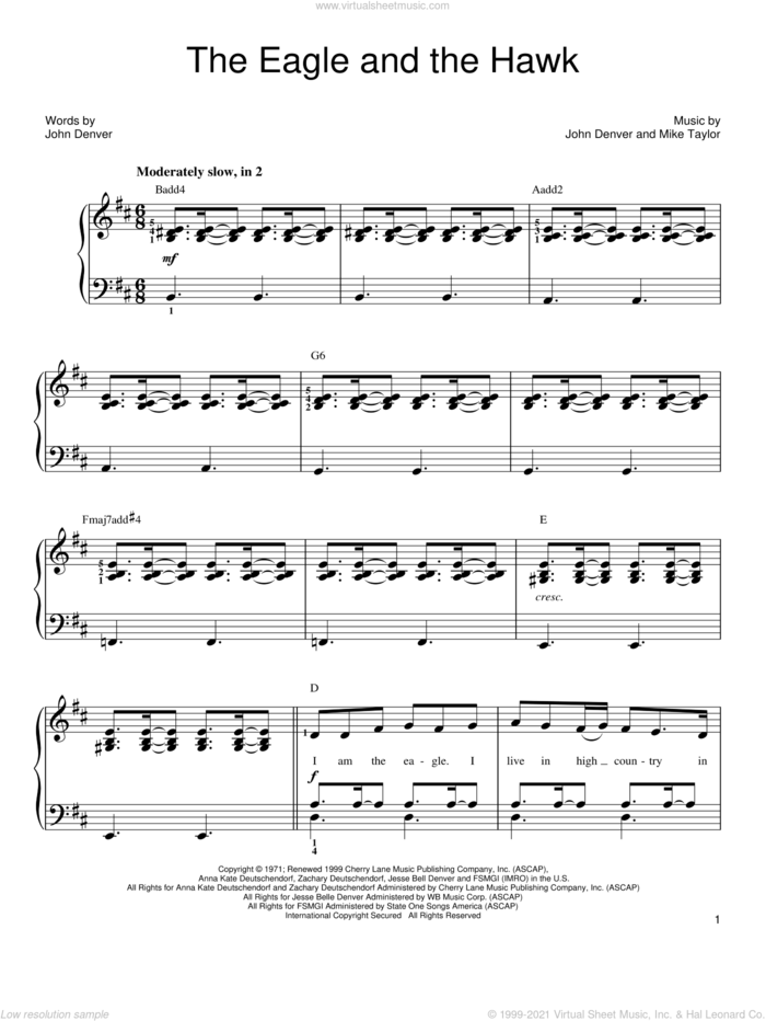 The Eagle And The Hawk sheet music for piano solo by John Denver and Mike Taylor, easy skill level