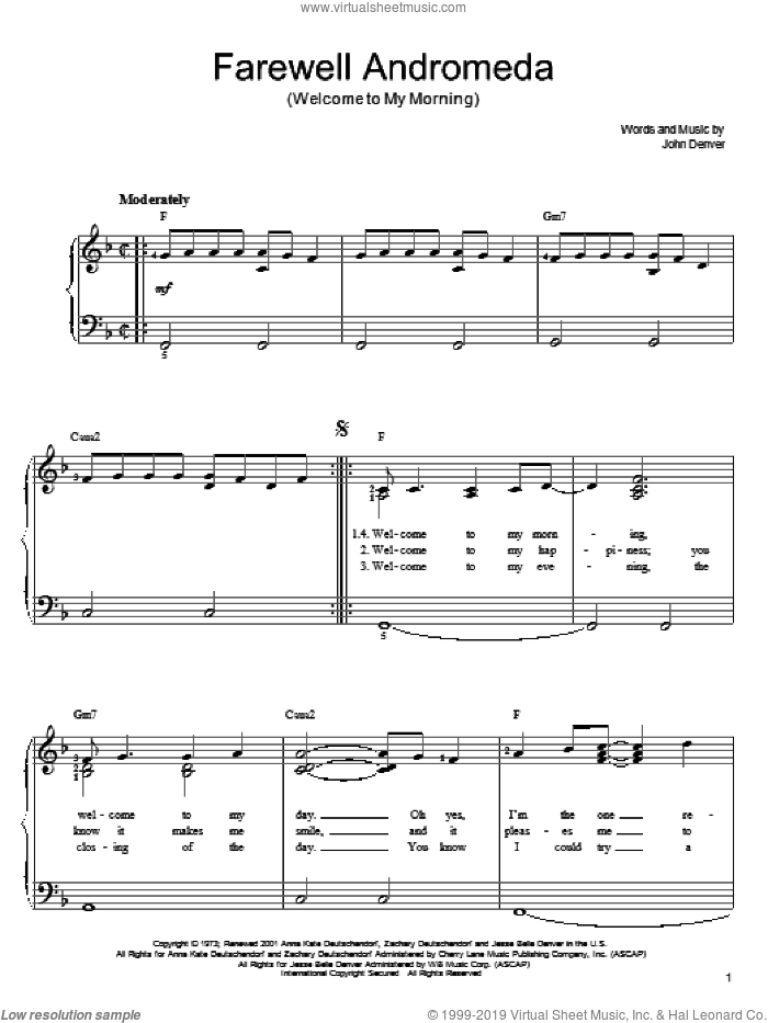 Farewell Andromeda (Welcome To My Morning) sheet music for piano solo by John Denver, easy skill level