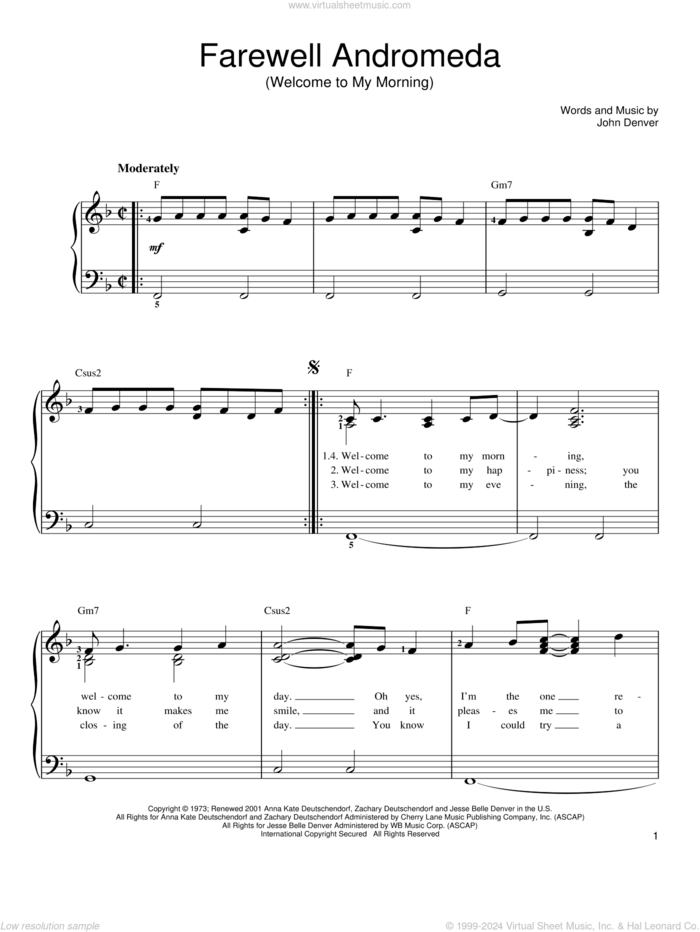 Farewell Andromeda (Welcome To My Morning) sheet music for piano solo by John Denver, easy skill level