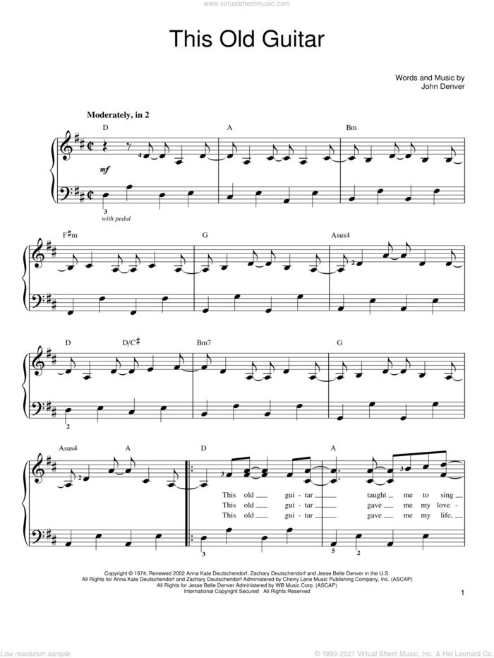 This Old Guitar sheet music for piano solo by John Denver, easy skill level