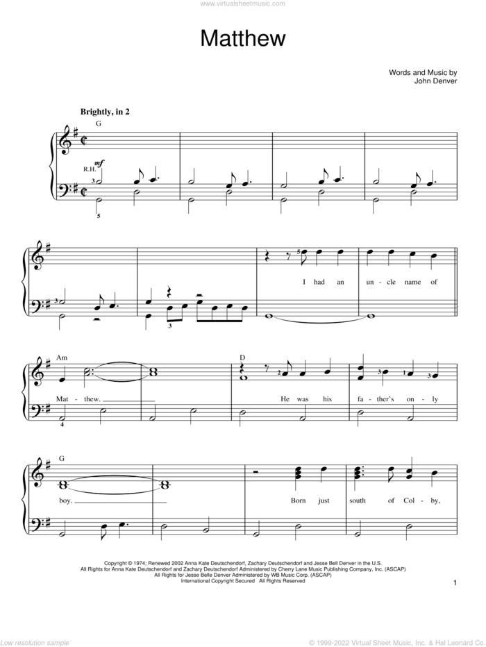 Matthew sheet music for piano solo by John Denver, easy skill level