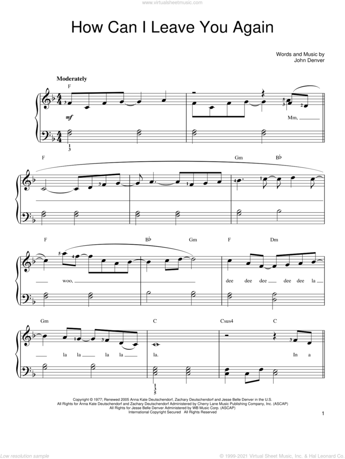 How Can I Leave You Again sheet music for piano solo by John Denver, easy skill level