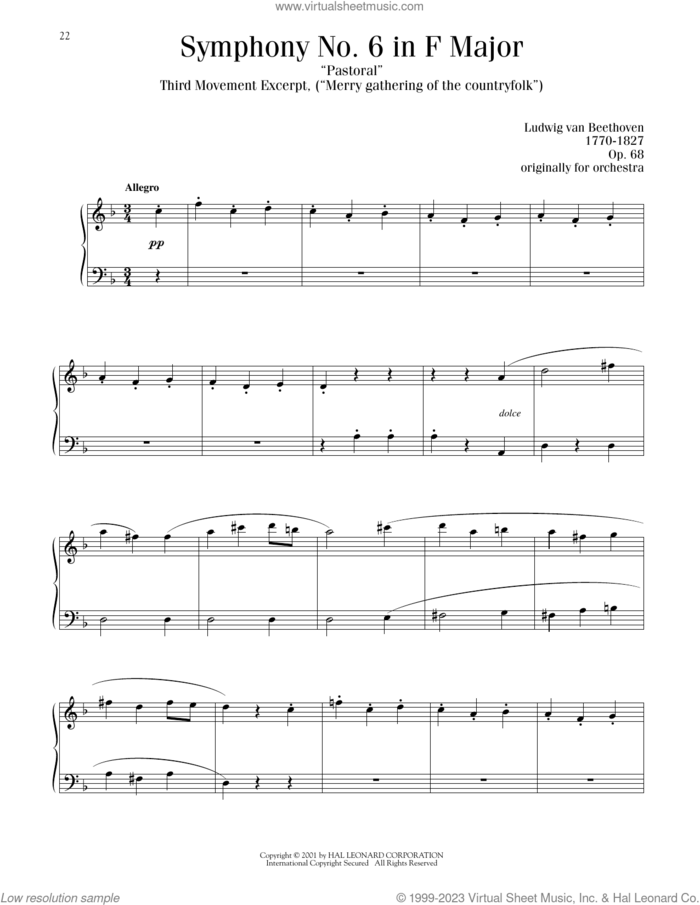Symphony No. 6 In F Major ('Pastoral') Third Movement, (intermediate) sheet music for piano solo by Ludwig van Beethoven, classical score, intermediate skill level