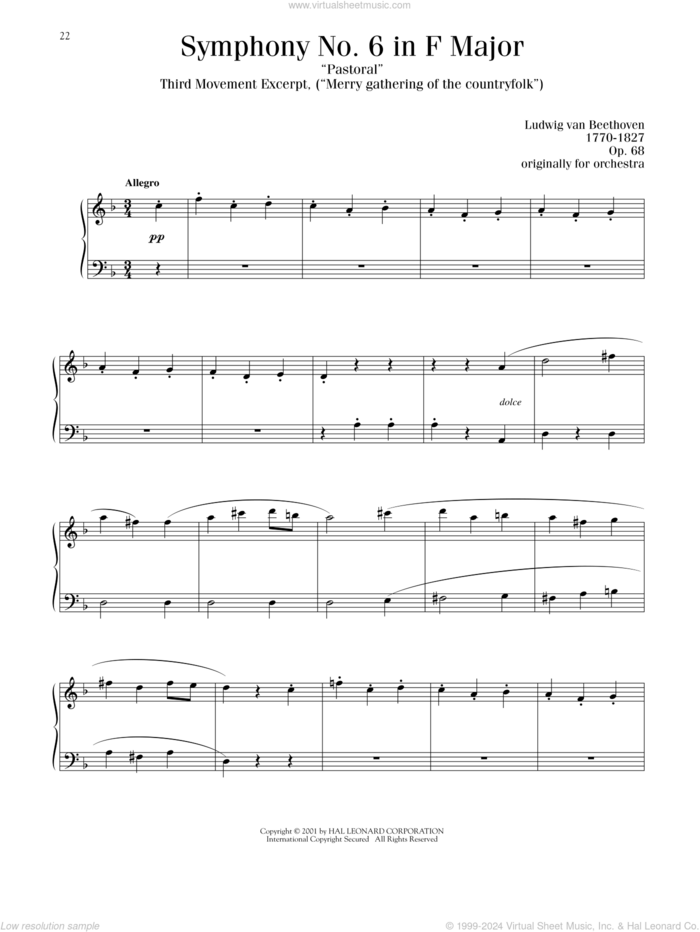 Symphony No. 6 In F Major ('Pastoral') Third Movement, (intermediate) sheet music for piano solo by Ludwig van Beethoven, classical score, intermediate skill level