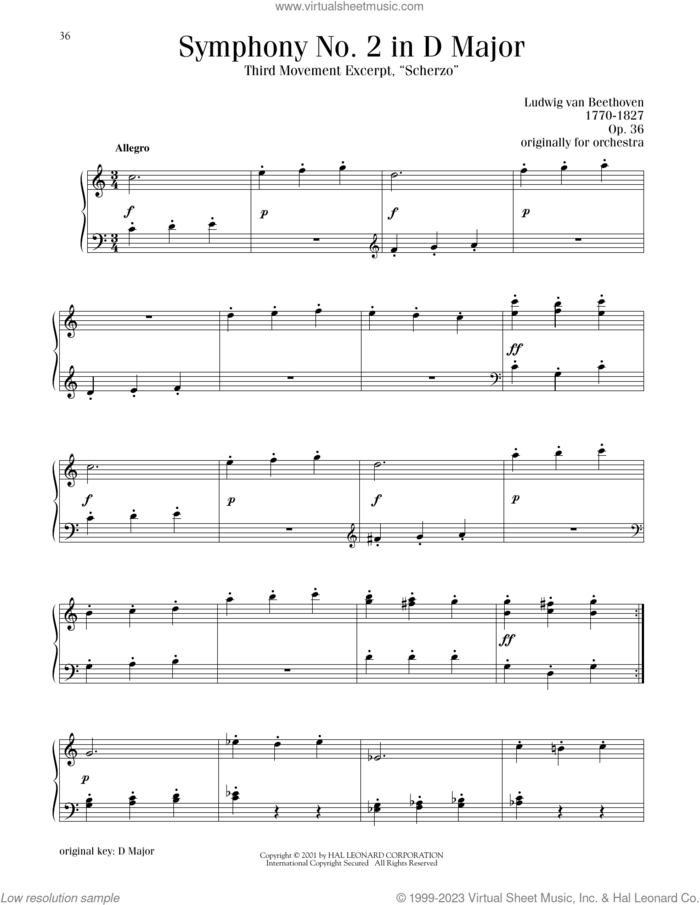 Symphony No. 2, Third Movement Excerpt sheet music for piano solo by Ludwig van Beethoven, classical score, intermediate skill level