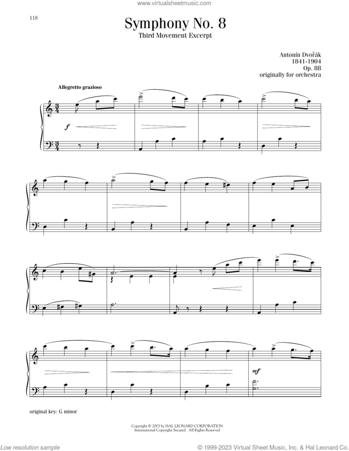 Symphony No. 8 in G Major, Third Movement sheet music for piano solo by Antonin Dvorak, classical score, intermediate skill level