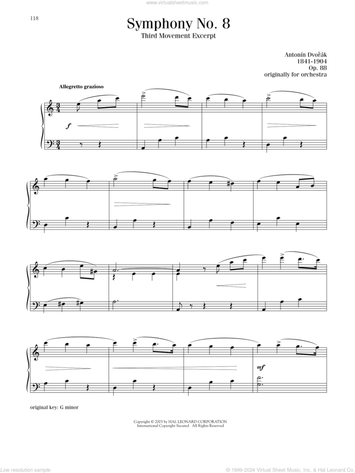 Symphony No. 8 in G Major, Third Movement sheet music for piano solo by Antonin Dvorak, classical score, intermediate skill level