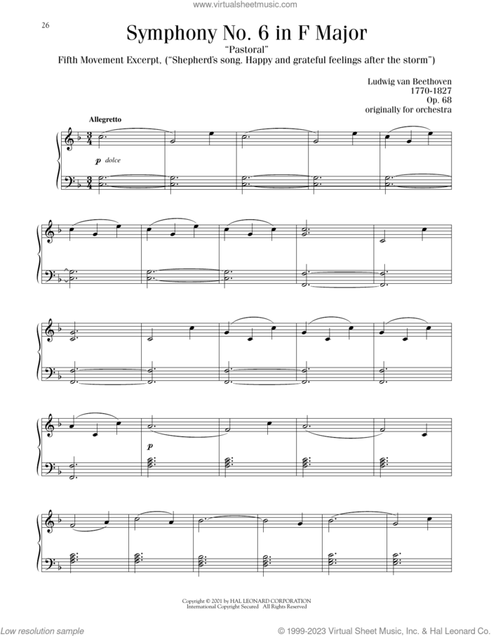 Symphony No. 6, Fifth Movement sheet music for piano solo by Ludwig van Beethoven, classical score, intermediate skill level