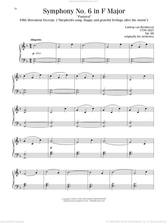 Symphony No. 6, Fifth Movement sheet music for piano solo by Ludwig van Beethoven, classical score, intermediate skill level