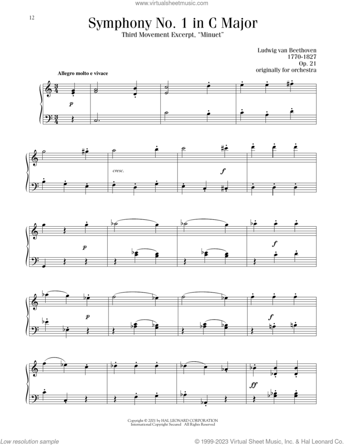 Symphony No. 1, Third Movement Excerpt, (intermediate) sheet music for piano solo by Ludwig van Beethoven, classical score, intermediate skill level