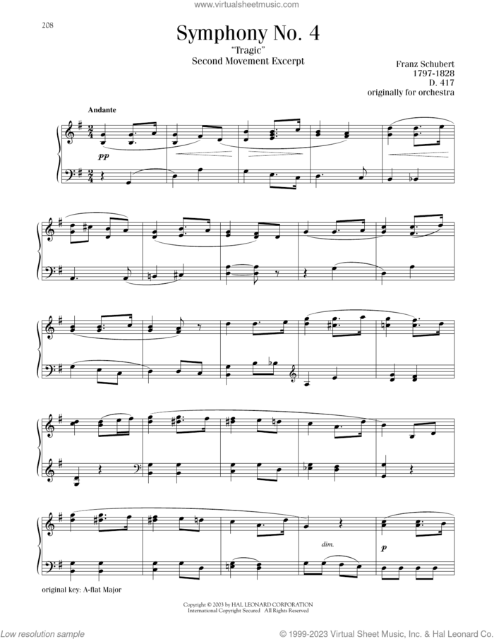 Symphony No. 4 ('Tragic') In C Minor, 2nd Movement sheet music for piano solo by Franz Schubert, classical score, intermediate skill level