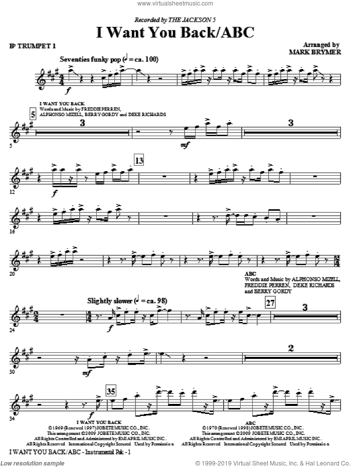 I Want You Back / ABC (complete set of parts) sheet music for orchestra/band by Mark Brymer, Alphonso Mizell, Berry Gordy, Deke Richards, Frederick Perren and The Jackson 5, intermediate skill level