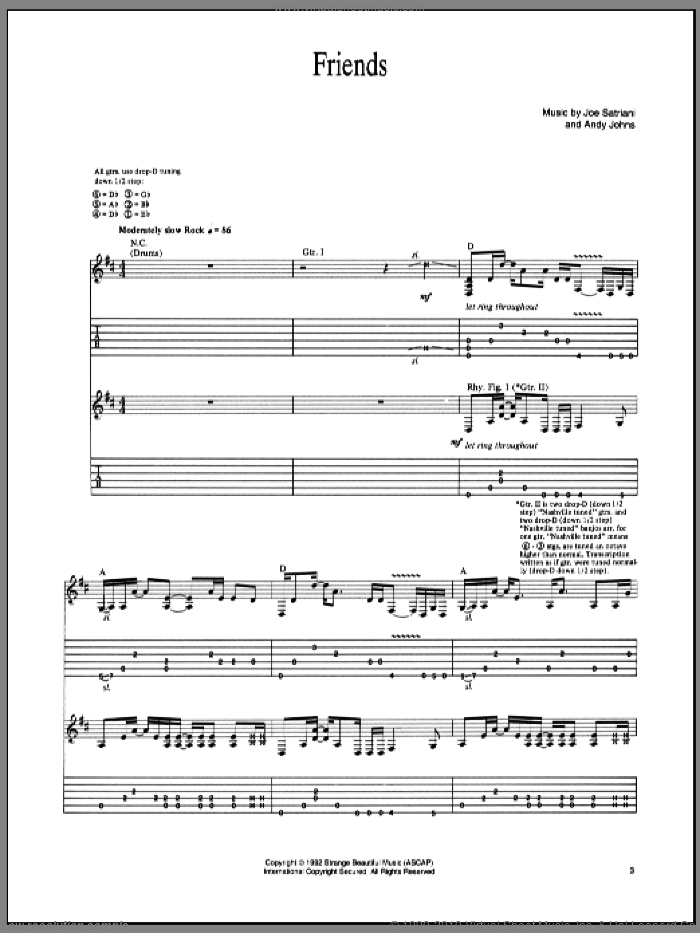 Friends sheet music for guitar (tablature) by Joe Satriani and Andy Johns, intermediate skill level