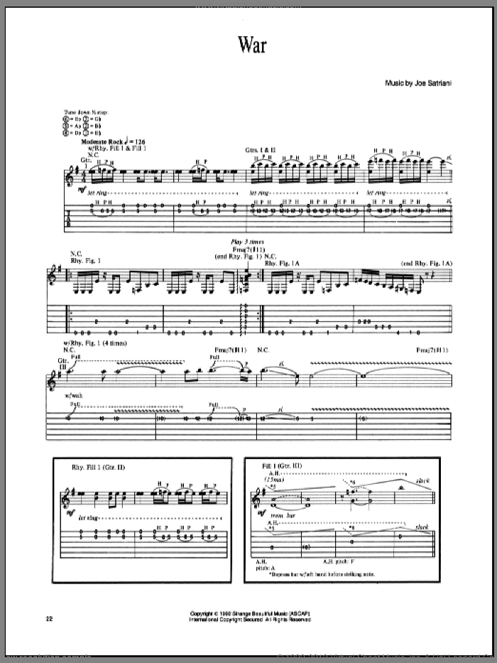 War sheet music for guitar (tablature) by Joe Satriani, intermediate skill level