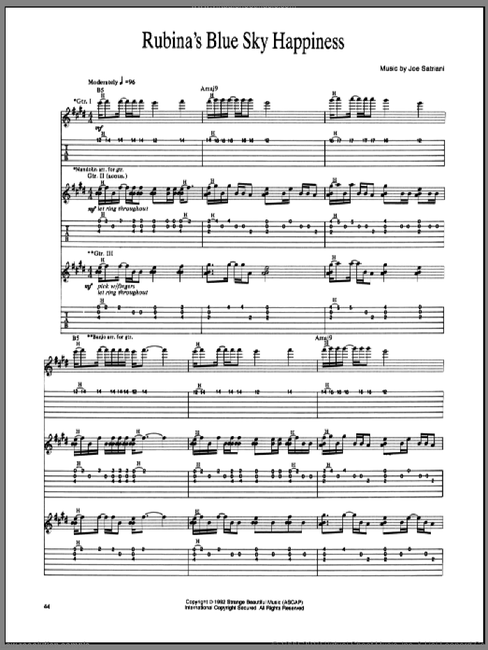 Rubina's Blue Sky Happiness sheet music for guitar (tablature) by Joe Satriani, intermediate skill level