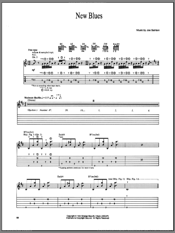 New Blues sheet music for guitar (tablature) by Joe Satriani, intermediate skill level
