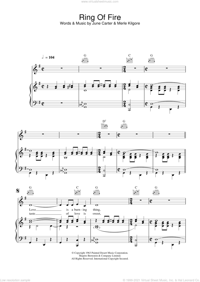 Ring Of Fire sheet music for voice, piano or guitar by Johnny Cash, intermediate skill level