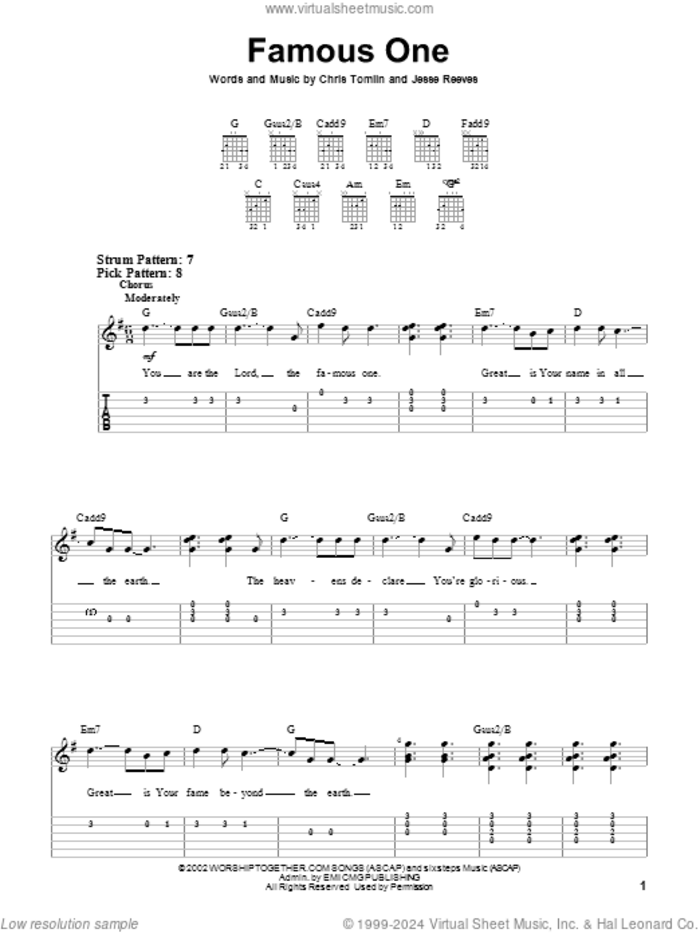 Famous One sheet music for guitar solo (easy tablature) by Chris Tomlin and Jesse Reeves, easy guitar (easy tablature)
