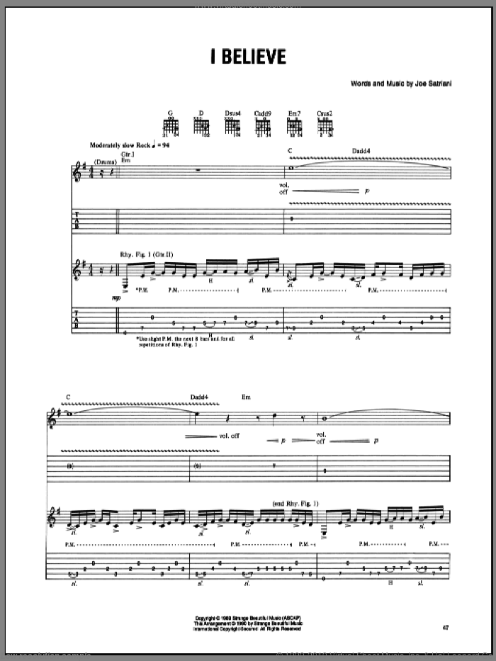 I Believe sheet music for guitar (tablature) by Joe Satriani, intermediate skill level