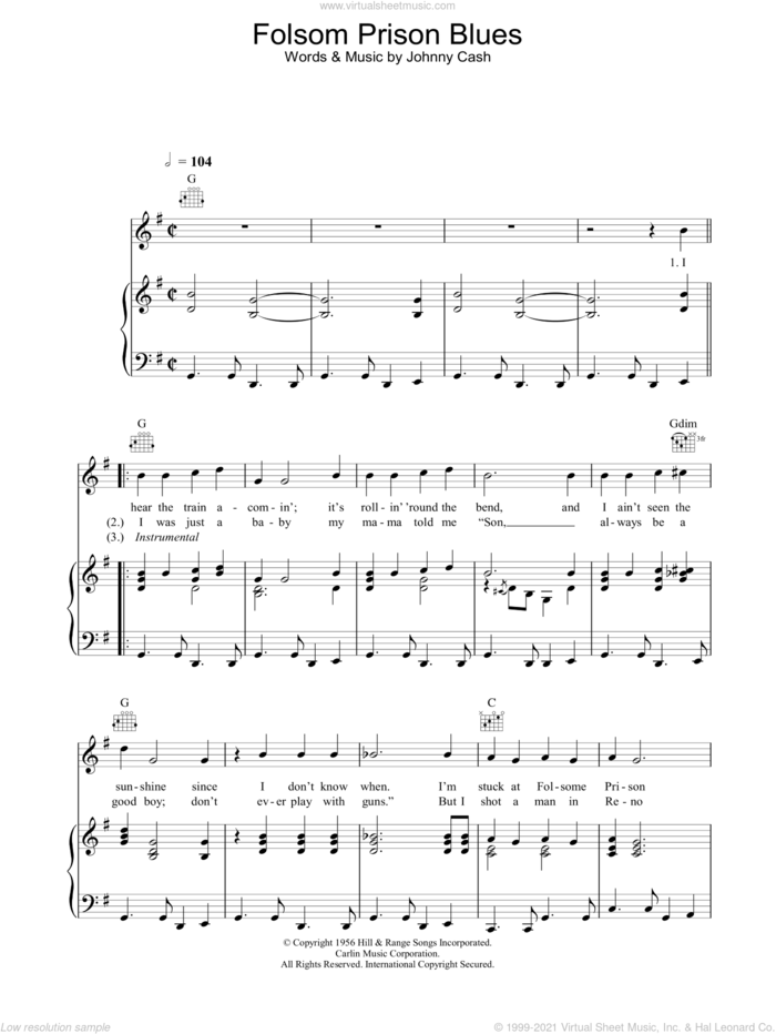 Folsom Prison Blues sheet music for voice, piano or guitar by Johnny Cash, intermediate skill level