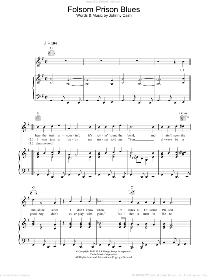 Folsom Prison Blues sheet music for voice, piano or guitar by Johnny Cash, intermediate skill level