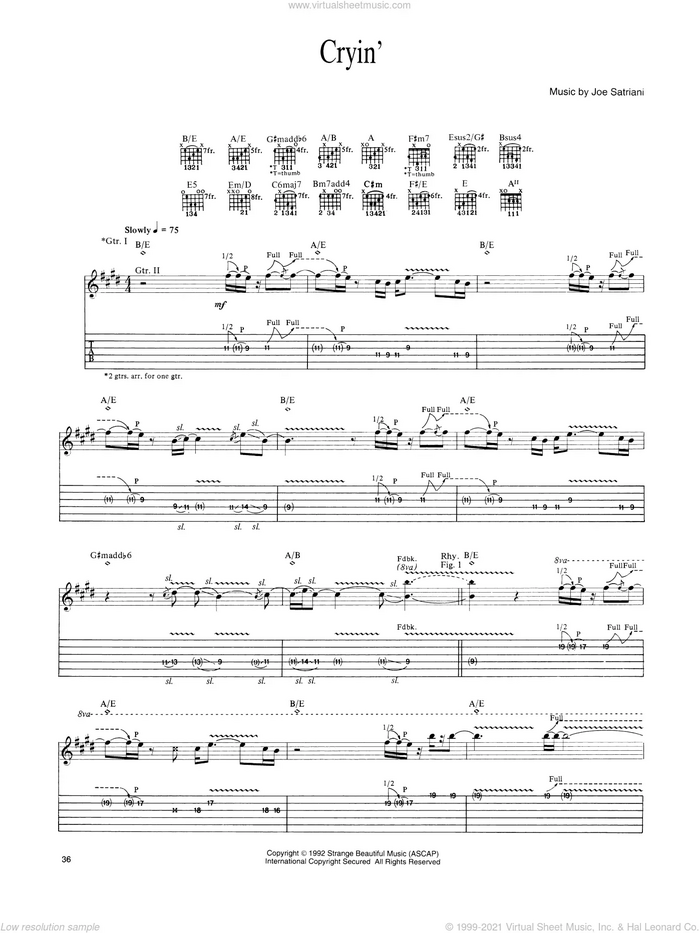 Cryin' sheet music for guitar (tablature) by Joe Satriani, intermediate skill level